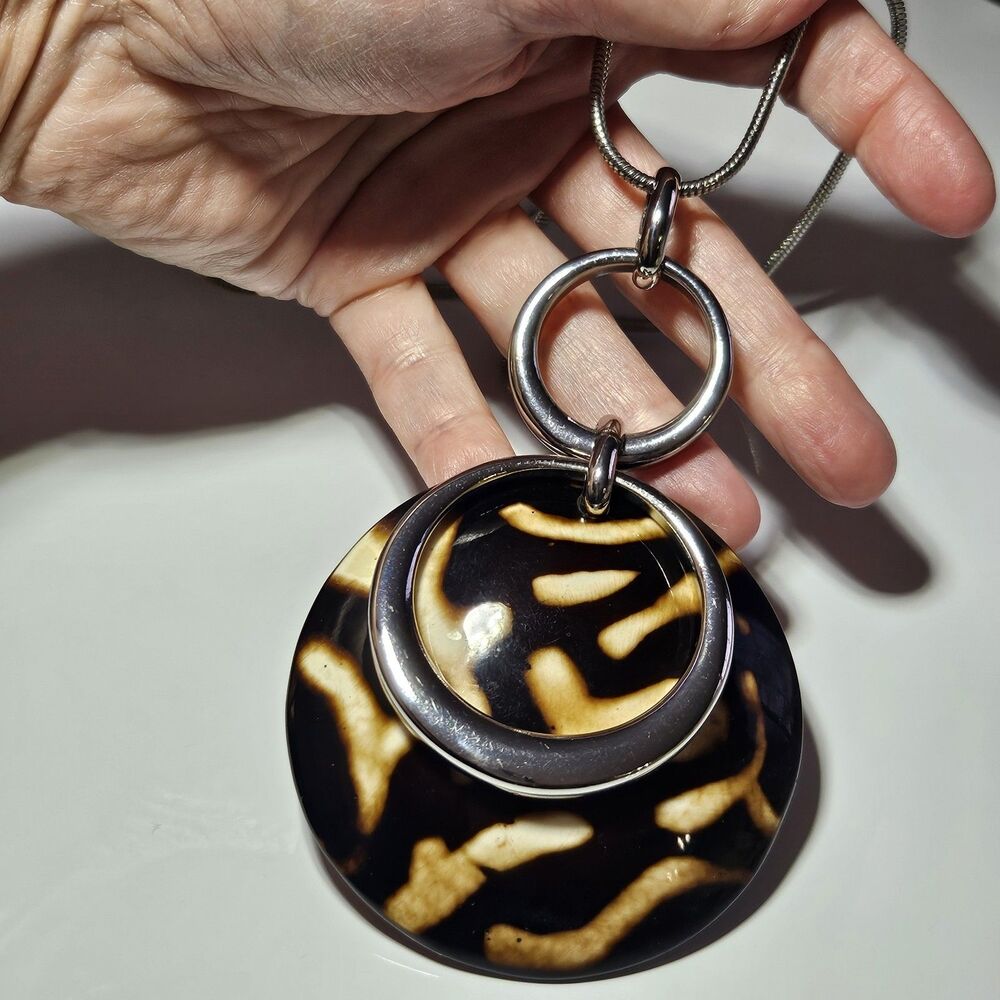 Chico's Silver Tone Large Brown Round Statement Pendant Necklace 33-37"